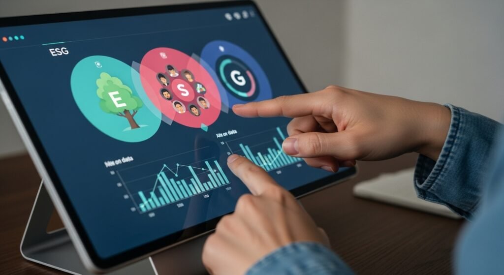 Pessoa analisando um painel digital com dados sobre os critérios ESG, mostrando como a análise pode ser facilitada.