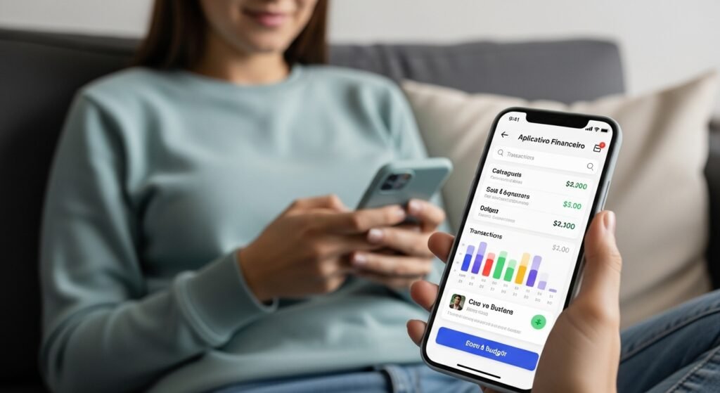 Pessoa usando um aplicativo financeiro no smartphone, com gráficos e alertas de orçamento, representando a automação e a praticidade de como acompanhar gastos.