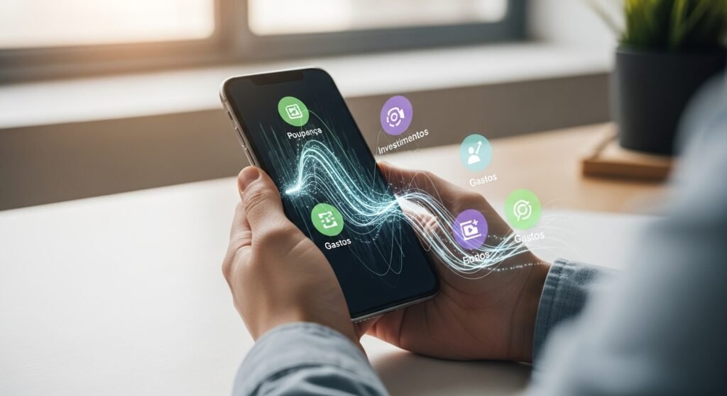 Mãos de uma pessoa usando um aplicativo de finanças no smartphone, com a tela exibindo linhas de dados que se movem em direção a ícones de poupança, investimentos e gastos, representando o controlo e organização do orçamento com IA.