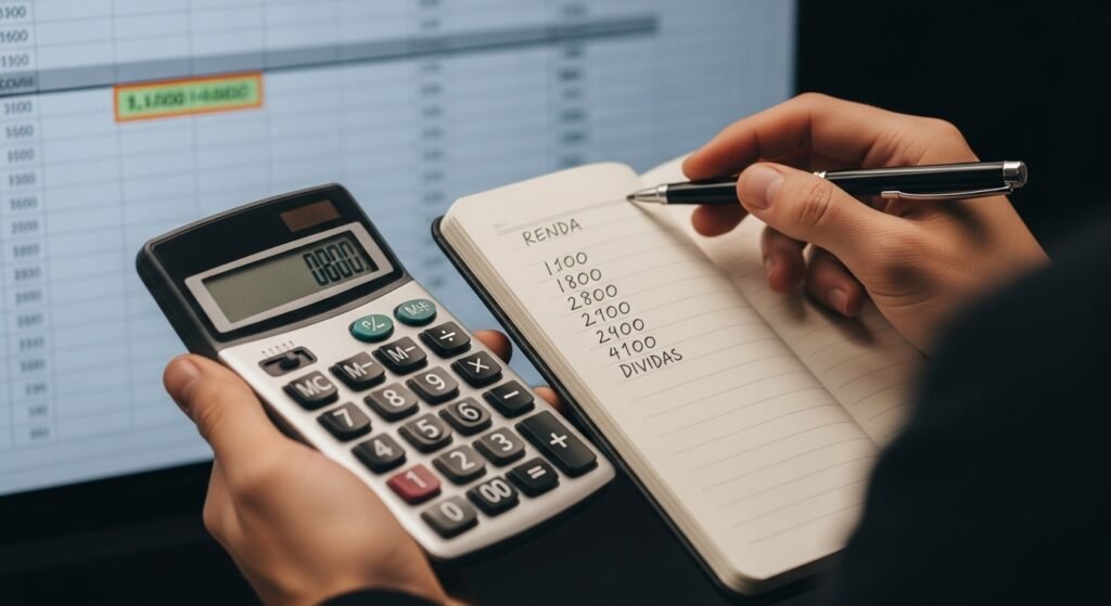 Mãos de uma pessoa usando uma calculadora e um caderno para calcular o percentual de endividamento, ilustrando o processo de análise financeira.