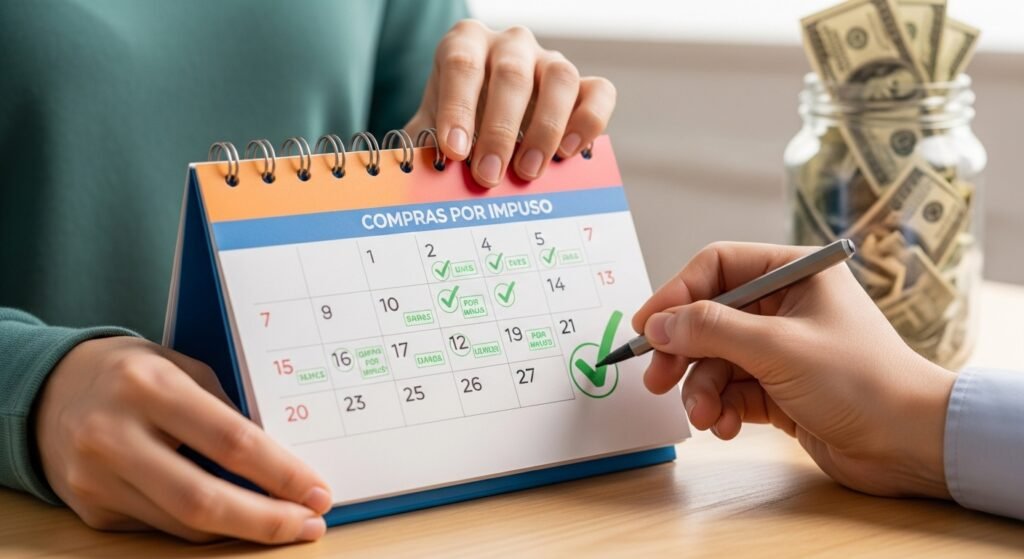Imagem ultrarrealista de um calendário com vários checkmarks verdes, simbolizando o sucesso de um desafio de 'mês sem compras por impulso' e o resultado na poupança, ilustrando a disciplina financeira.