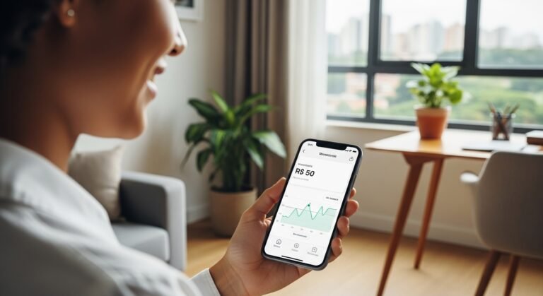 Pessoa sorrindo enquanto usa um aplicativo de investimento no smartphone, ilustrando como começar a investir com pouco dinheiro.