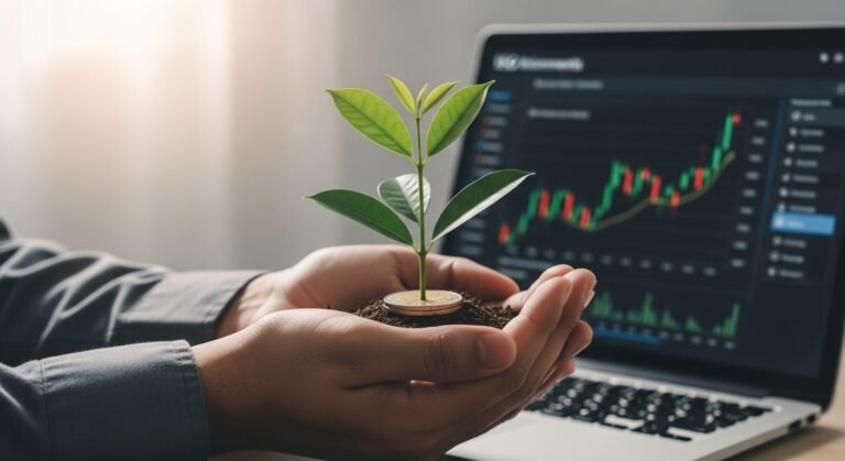 Mãos segurando uma planta crescendo de uma moeda, simbolizando o ato de investir em ESG para crescimento financeiro e sustentabilidade.