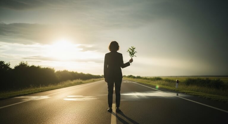 Uma pessoa em uma estrada iluminada pelo sol, segurando uma planta, simbolizando a jornada sobre como sair do vermelho e a conquista de uma riqueza sustentável.