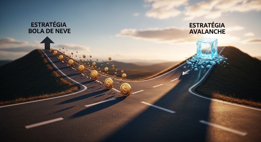 Duas setas apontando para caminhos diferentes, representando as estratégias Bola de Neve e Avalanche para quitar dívidas e como sair do vermelho.