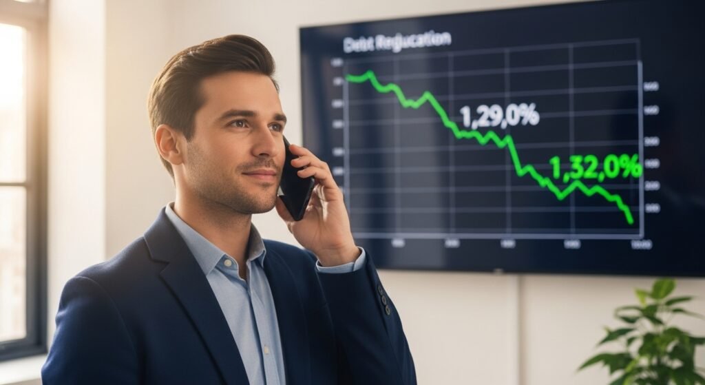Uma pessoa ao telefone em um escritório moderno, com um gráfico mostrando a redução de dívidas ao fundo, simbolizando a negociação bem-sucedida de dívidas para como sair do vermelho.