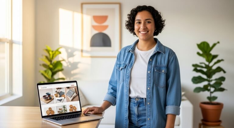 Pessoa segurando um pacote de sua própria marca, em frente a um laptop, simbolizando a jornada de como vender pela internet e construir um negócio.