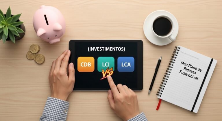 Pessoa comparando investimentos de renda fixa, CDB, LCI e LCA, em um tablet.