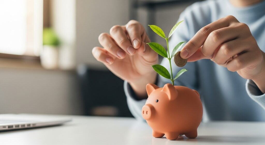 Mãos colocando uma moeda em um cofrinho com uma planta, simbolizando a construção de uma reserva de emergência e a importância da educação financeira.