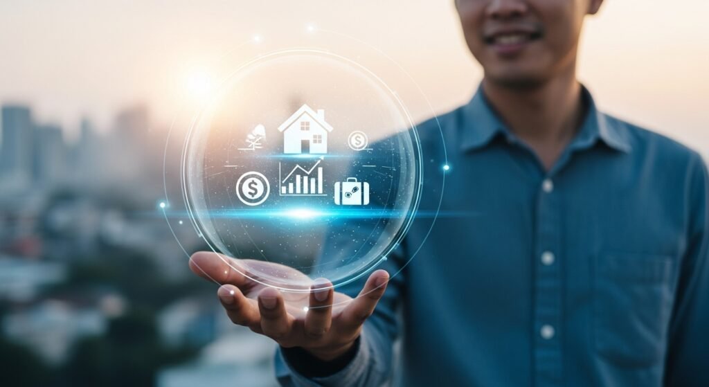 Imagem ultrarrealista de uma pessoa segurando uma esfera transparente com ícones de objetivos financeiros, simbolizando o controle e a visão de futuro que a automação e o Pix Automático 2025 podem trazer.
