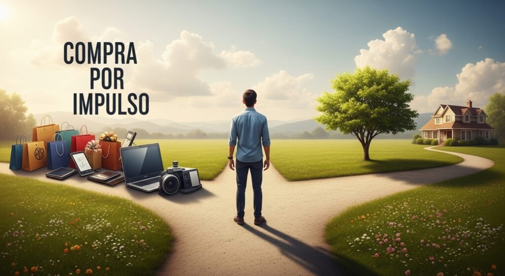 Pessoa em uma encruzilhada de caminhos, um cheio de compras e outro levando a um futuro próspero, simbolizando o custo de oportunidade.