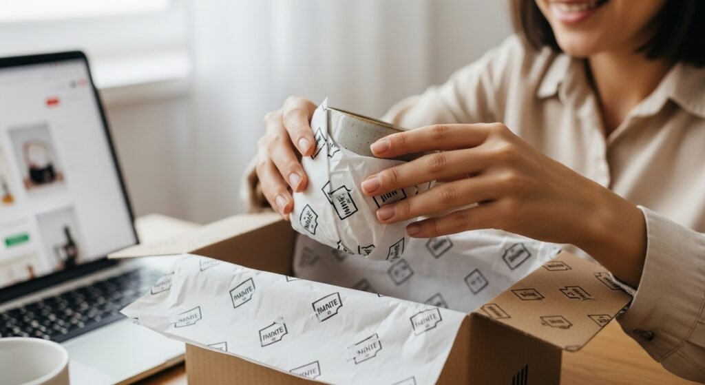 Mãos de uma pessoa embalando cuidadosamente um produto em uma embalagem personalizada, ilustrando a importância da experiência do cliente.