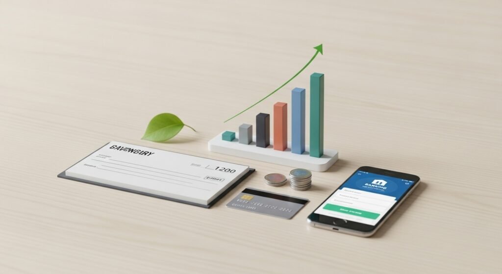 Ferramentas de planejamento financeiro, como smartphone, cartão de crédito e gráfico, ilustrando a importância da educação financeira.