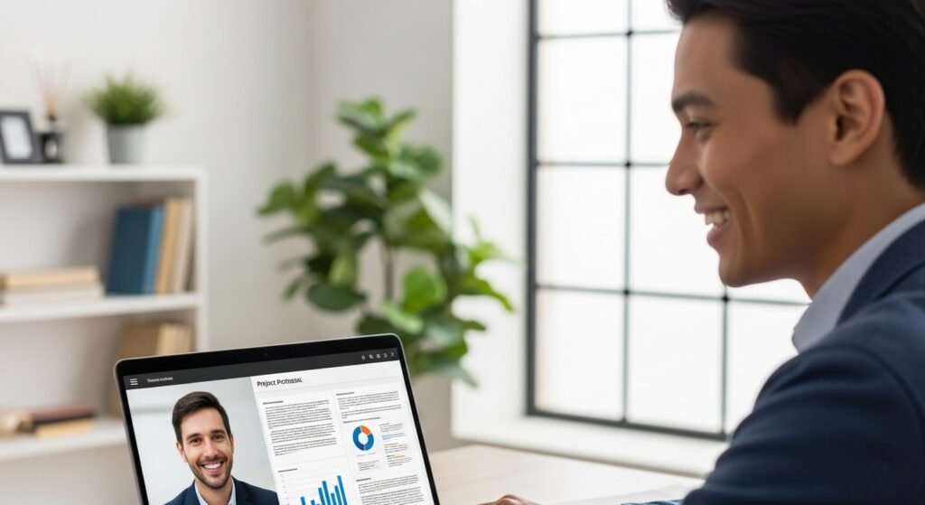 Pessoa a sorrir durante uma chamada de vídeo no laptop, representando um freelancer a interagir com um cliente.
