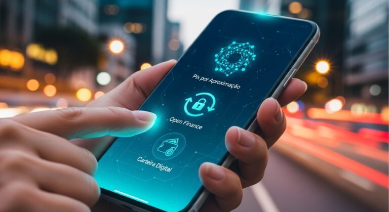 Mão segurando um smartphone que exibe as novas tendências de pagamentos digitais para 2025.