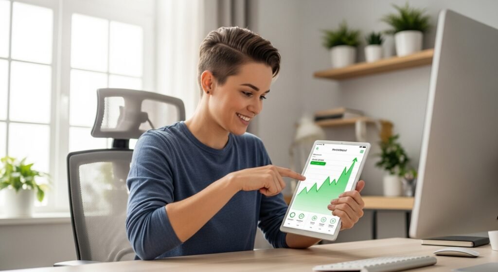 Pessoa sorrindo e apontando para um gráfico de crescimento financeiro em um tablet, simbolizando a construção de um futuro financeiro seguro.