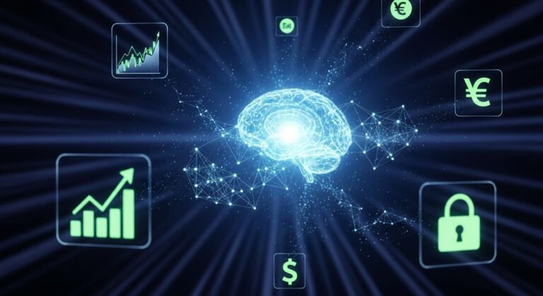 Cérebro digital com uma rede de conexões holográficas a gráficos financeiros e um cadeado, simbolizando como a IA analisa e protege as finanças.