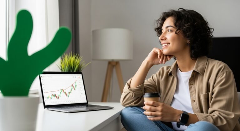Uma pessoa sorrindo em um escritório em casa, simbolizando a conquista da liberdade financeira através de uma ideia de renda extra.