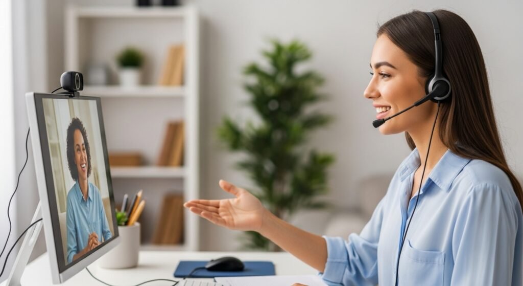 Mulher oferecendo aulas online, uma das melhores ideias de renda extra para usar suas habilidades.