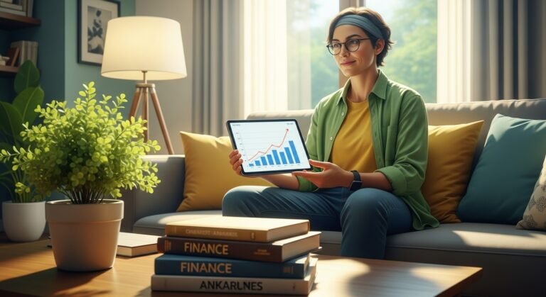 Pessoa sorrindo, sentada no sofá, com um tablet mostrando um gráfico de crescimento financeiro, ilustrando a importância da educação financeira.