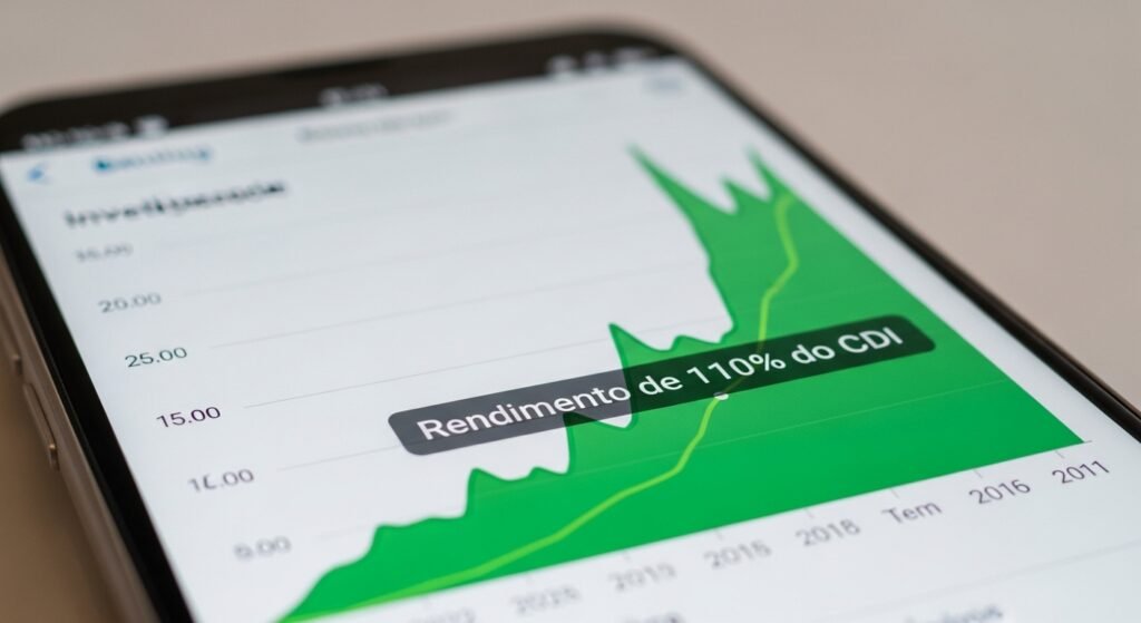 Tela de aplicativo de banco mostrando o rendimento de um investimento em CDB.