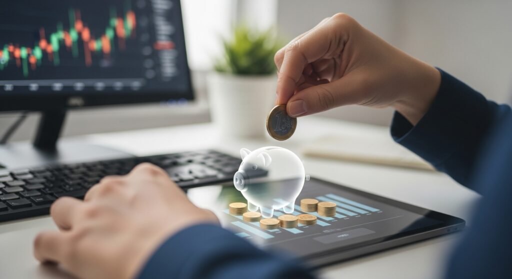 Mãos de uma pessoa colocando uma moeda em um cofrinho digital em um tablet, simbolizando a ação de começar a investir com pouco dinheiro.