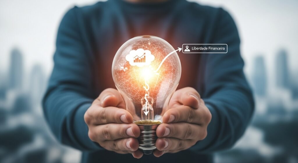 Imagem ultrarrealista de uma pessoa segurando uma lâmpada acesa com um mapa mental em seu interior, simbolizando o insight de consumo consciente para a liberdade financeira.