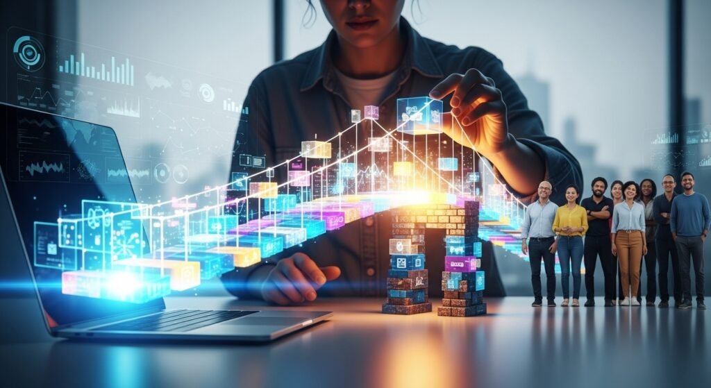 Pessoa construindo uma ponte digital, simbolizando o marketing para abrir seu negócio digital.