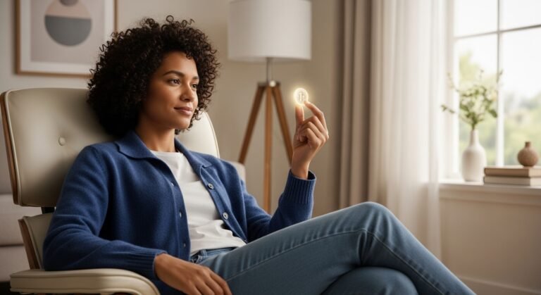 Pessoa em um ambiente tranquilo, segurando uma moeda, simbolizando uma mentalidade financeira saudável e o controle sobre as finanças.