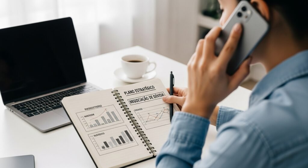Pessoa fazendo uma chamada telefônica, com um caderno de anotações e um plano estratégico para renegociar dívidas.