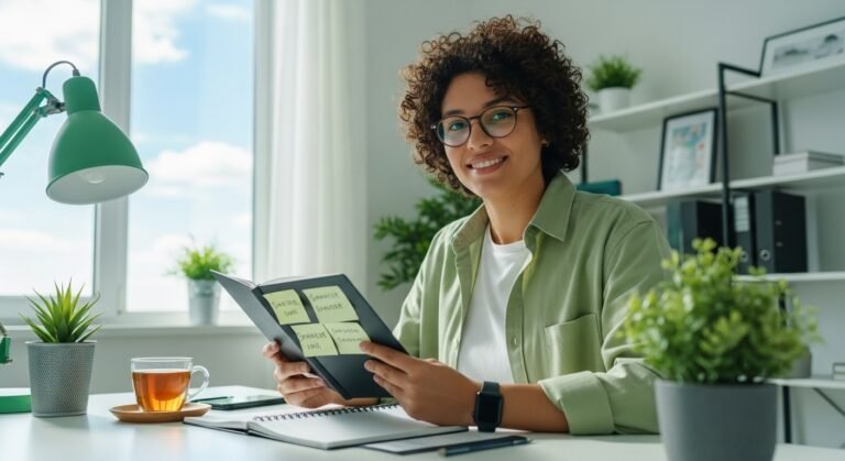 Pessoa sorrindo com um caderno na mão, simbolizando o domínio sobre o orçamento pessoal e a tranquilidade financeira.