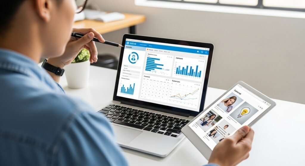 Empreendedor analisando dados em um painel digital, ilustrando a otimização de estratégias de marketing para vender na internet.