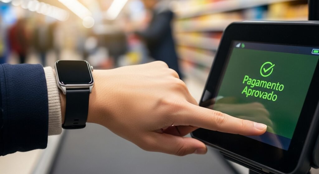 Pessoa realizando um dos novos pagamentos digitais por aproximação com seu smartwatch.