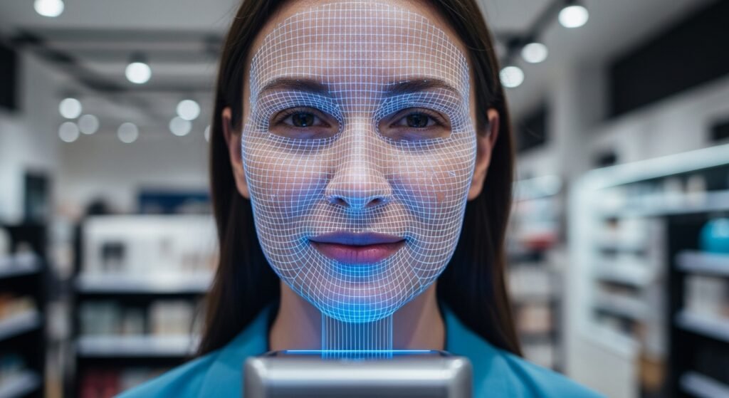 Pessoa utilizando o reconhecimento facial, uma das tendências de pagamentos digitais, para autorizar uma compra.