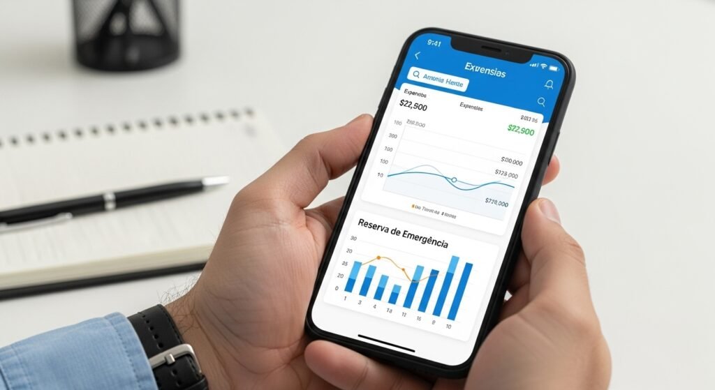 Mãos de uma pessoa segurando um celular com um aplicativo de planejamento financeiro, mostrando a evolução da reserva de emergência.