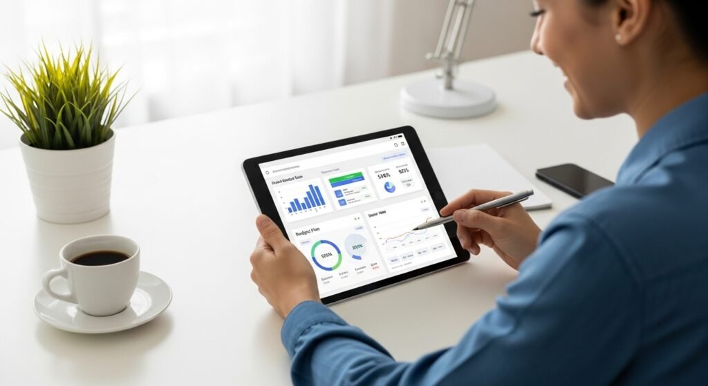 Pessoa usando um painel financeiro digital em um tablet, demonstrando ações práticas para uma mentalidade financeira saudável.