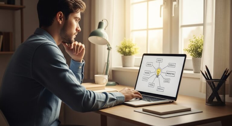 Pessoa planejando os primeiros passos para abrir seu negócio digital em um laptop.