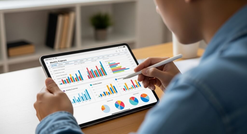 Pessoa analisando uma planilha de gastos organizada em um tablet, com gráficos detalhados, representando a clareza e o controle financeiro.