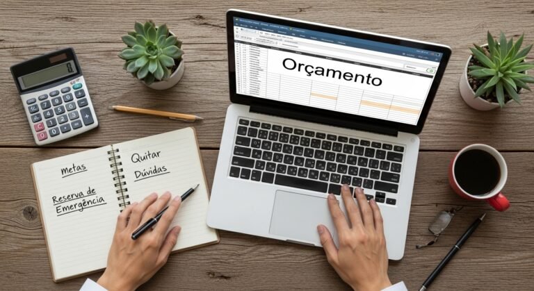 Pessoa organizando seu plano financeiro pessoal sobre uma mesa de madeira.