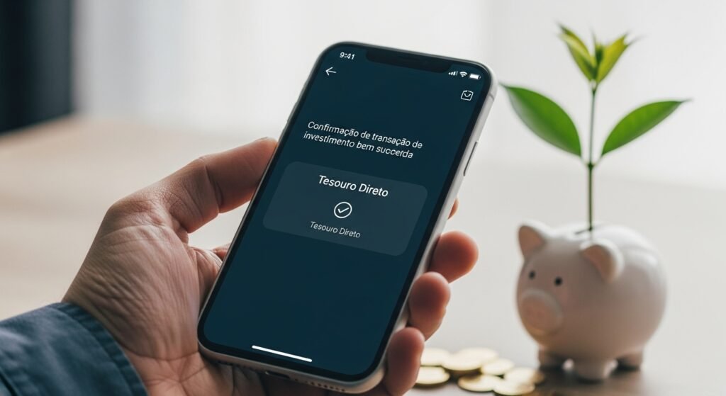 Tela de smartphone exibindo a confirmação de uma compra bem-sucedida de um título do Tesouro Direto.