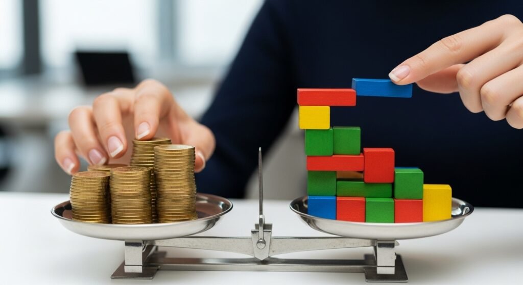 Mãos de um investidor ajustando o equilíbrio entre uma pilha organizada de moedas de ouro (renda fixa) e uma pilha dinâmica de blocos de madeira coloridos (renda variável), ilustrando o rebalanceamento de carteira de forma realista.