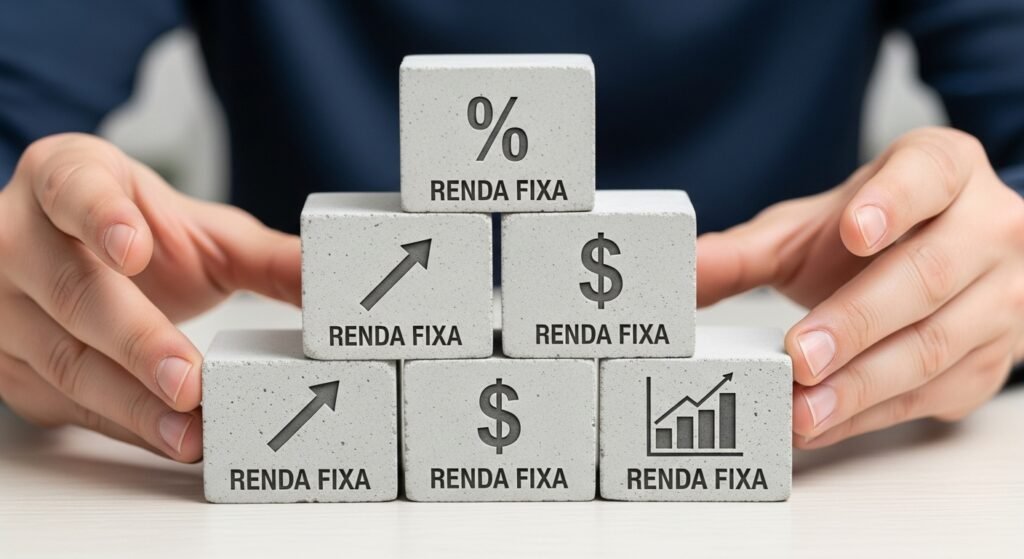 Mãos empilhando blocos de concreto com a inscrição "Renda Fixa", simbolizando a construção de uma fundação financeira segura e estável.