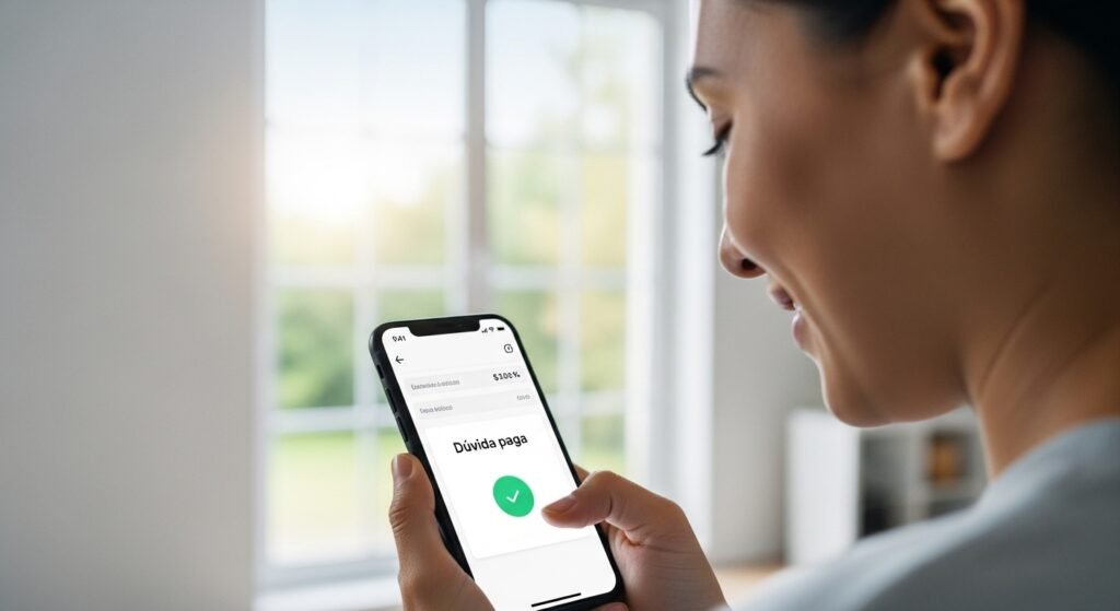 Pessoa aliviada olhando para o smartphone com uma notificação de dívida paga, após renegociar dívidas com sucesso.