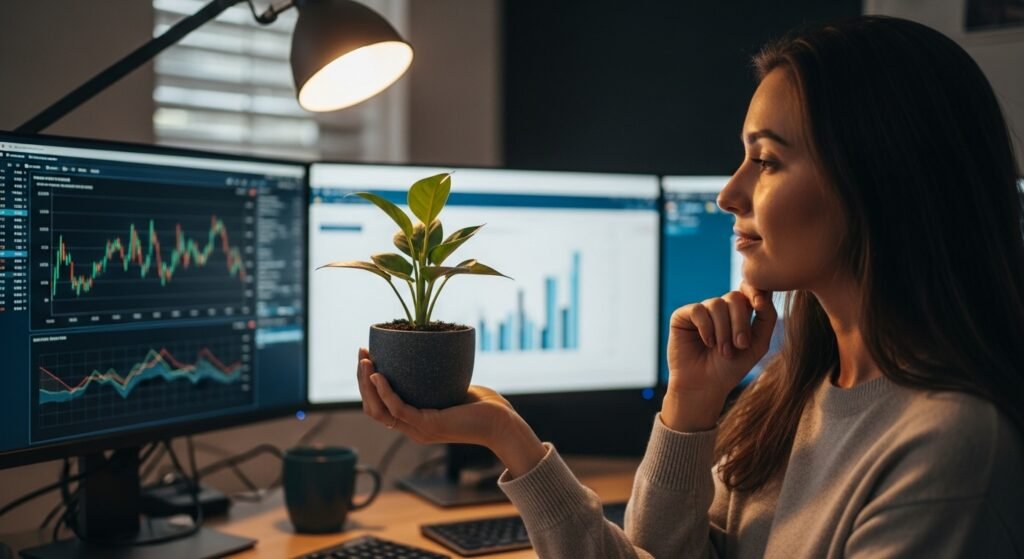 Uma pessoa em um escritório, segurando uma planta, com gráficos financeiros ao fundo, simbolizando a riqueza sustentável e o planejamento financeiro.