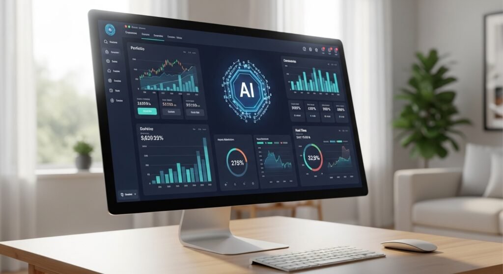 Tela de computador com um painel de finanças, exibindo gráficos de crescimento de portfólio, simbolizando como a ia nas finanças otimiza investimentos através de robôs-advisors.