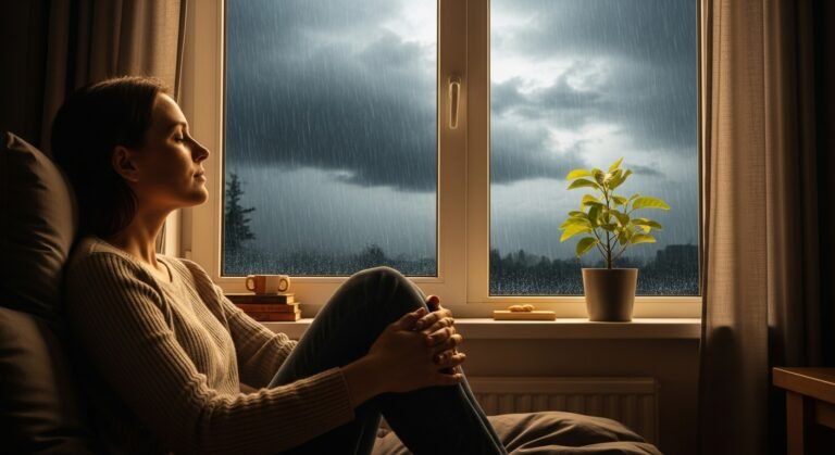 Uma pessoa serena olhando a chuva pela janela, com uma planta na mão, simbolizando segurança financeira e proteção contra imprevistos.