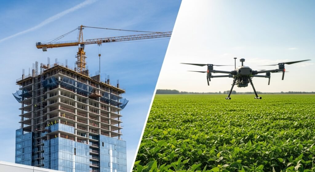 Imagem dividida mostrando a construção civil (LCI) e o agronegócio (LCA). CDB e as Letras de Crédito na pratica.