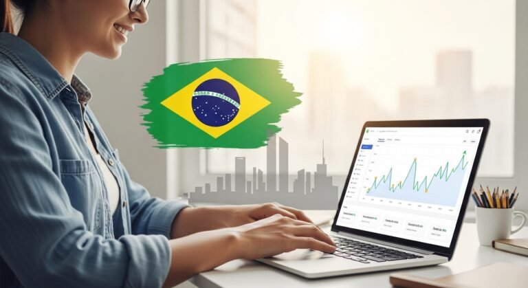 Profissional confiante observando o crescimento de seu investimento no Tesouro Direto em um notebook.