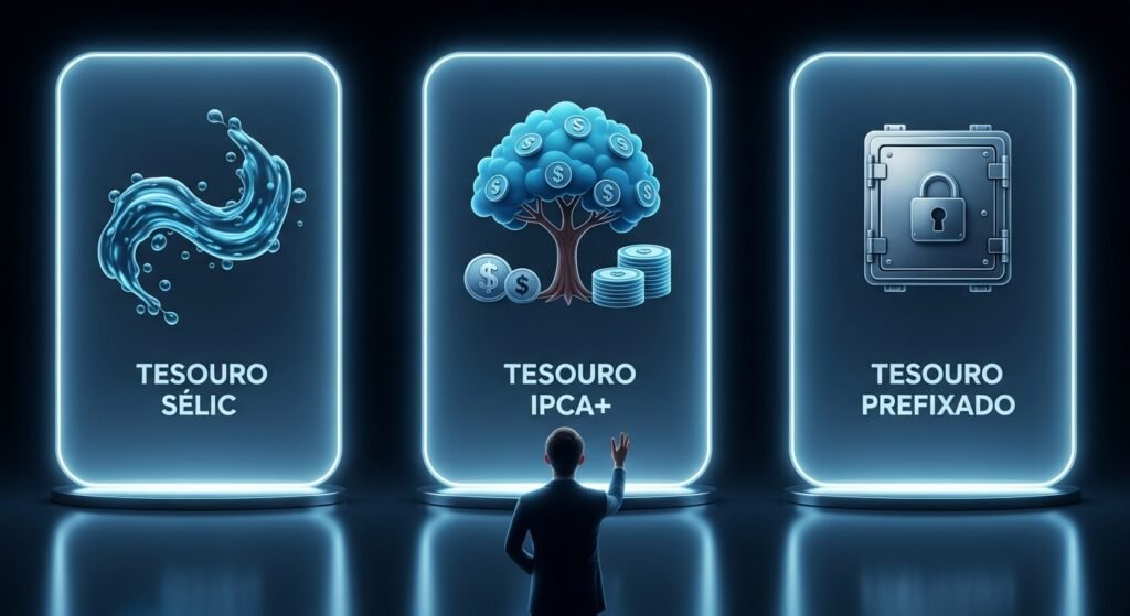 Pessoa em frente a três portais, simbolizando os diferentes tipos de títulos do Tesouro Direto: Tesouro Selic, IPCA+ e Prefixado.