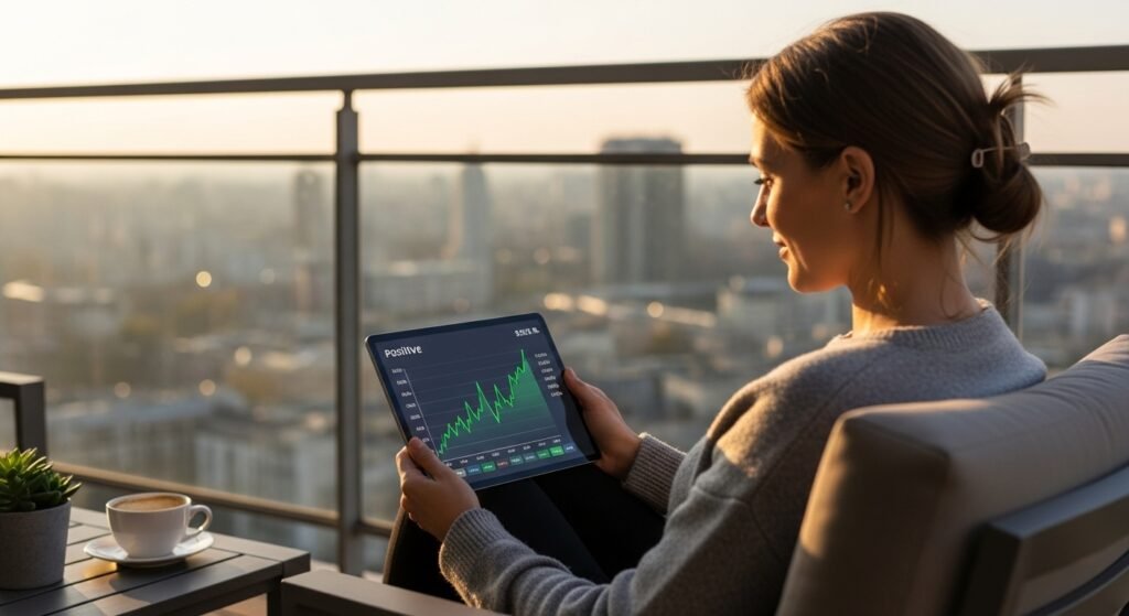 Pessoa relaxando numa varanda, usando um tablet para monitorar as finanças, refletindo a tranquilidade alcançada com um orçamento pessoal.